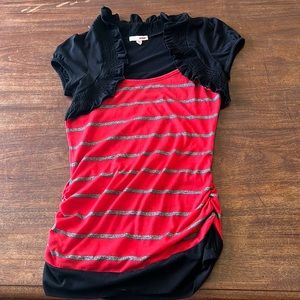 Red and black ruffle / scrunch blouse with silver stripes